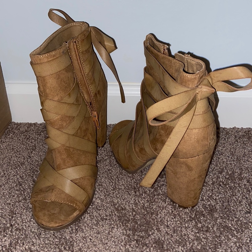 Open toe tan block heel booties